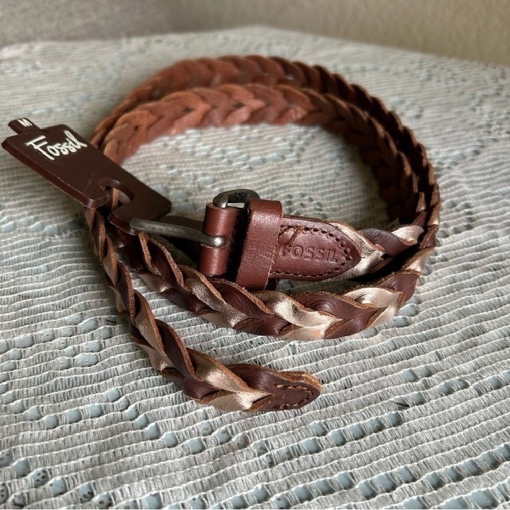 Fossil brown braided leather skinny belt medium